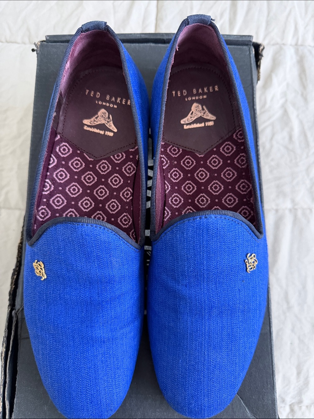 Ted Baker Royal Blue Slip-On Loafers with Gold Emblem